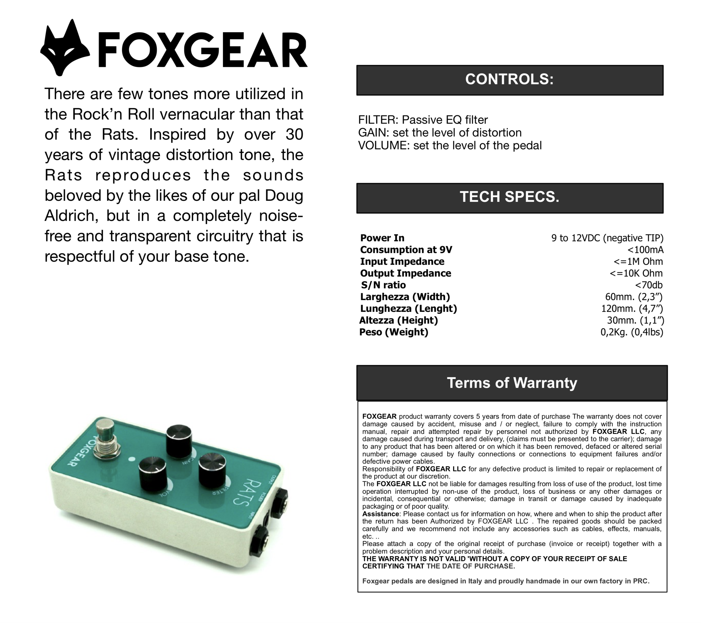 Foxgear Pedals Rats Vintage Distortion